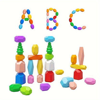 Wooden Stacking Rocks Toys – 40-Piece  Montessori Sensory STEM Balance Blocks for Toddlers, Educational Preschool Learning Gift Set