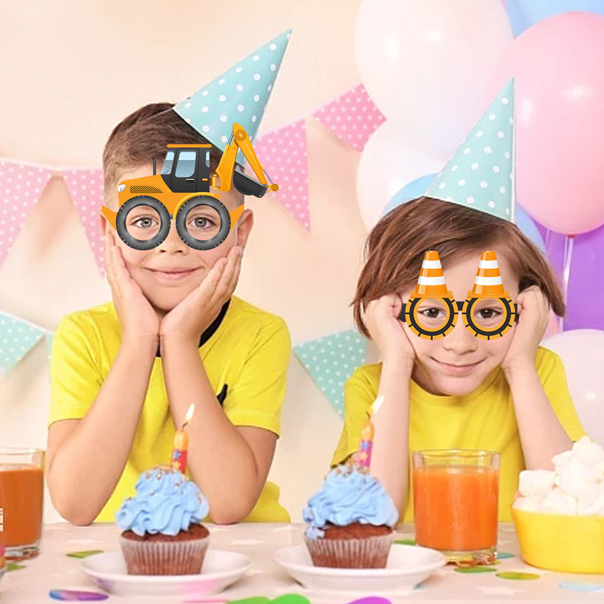 Construction Party Glasses 12-Pack – Fun Paper Eyewear with Truck & Engineering Vehicle Designs for Kids’ Birthday Celebration