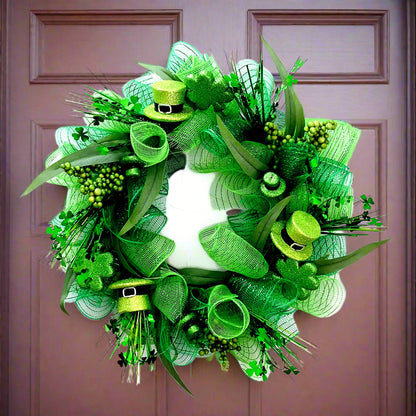 Mini Irish Hat Door Hanging – 20" Mesh Bowknot Wall Décor with Shamrocks for a Whimsical St. Patrick’s Day Entryway Accent