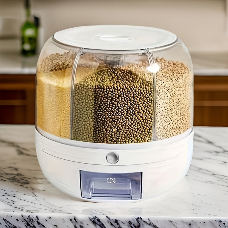 Large Capacity 6-Compartment Grain Dispenser – Airtight 360 Degrees Rotating Rice Bin for Cereals, Flour, Pet Food & Snack Storage