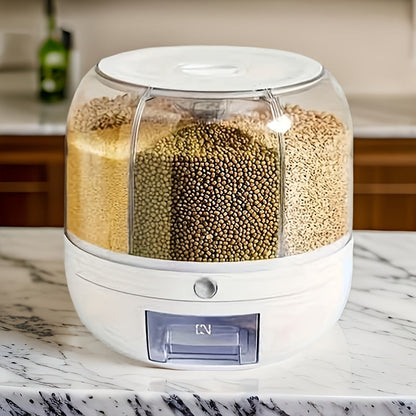 Large Capacity 6-Compartment Grain Dispenser – Airtight 360 Degrees Rotating Rice Bin for Cereals, Flour, Pet Food & Snack Storage