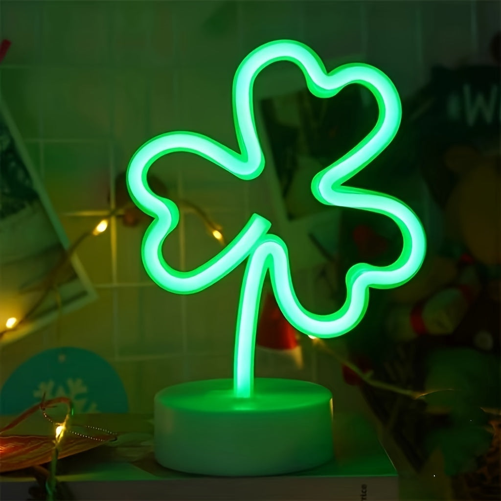 Green LED Clover Neon Light – USB & Battery Powered Art Deco Shamrock Sign for Indoor Spring Celebrations & St. Patrick’s Day