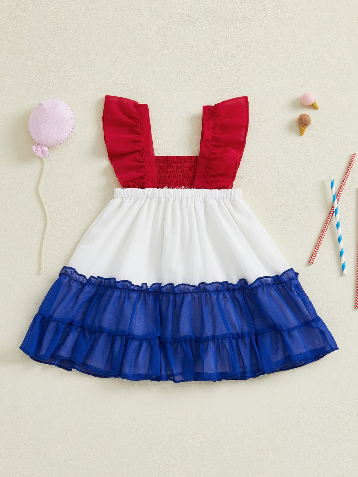 Girls’ A-Line Fly Sleeve 4th of July Dress – Contrast Color Casual Summer Dress for Independence Day Parties & Family Photos