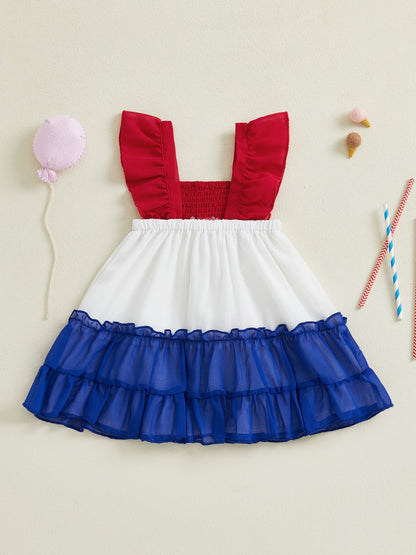Girls’ A-Line Fly Sleeve 4th of July Dress – Contrast Color Casual Summer Dress for Independence Day Parties & Family Photos
