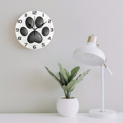 Silent Non-Ticking Dog Paw Wall Clock - Rustic Black & White Oil Painting, Wooden Frame, 1pc, Decorative for Home, Office, or School