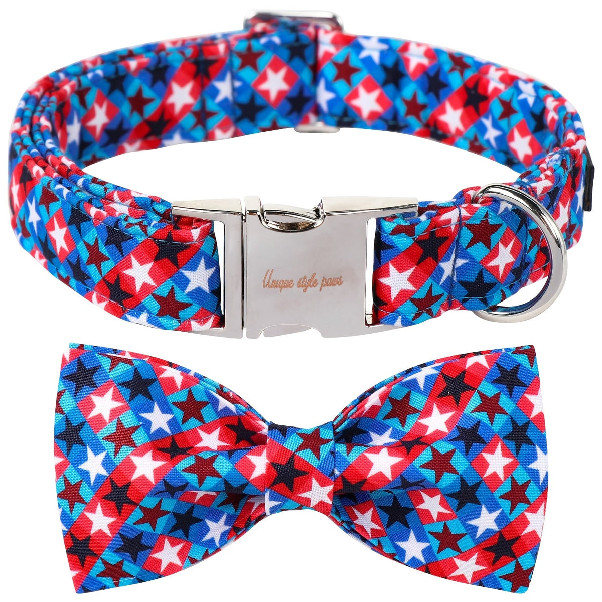 Patriotic American Stars Dog Collar with Bow – Adjustable 4th of July Pet Collar for Small & Large Dogs, Independence Day Accessory