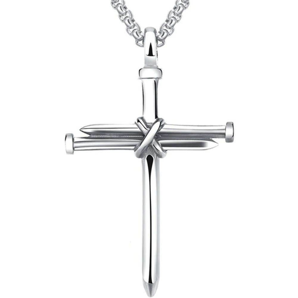 Vintage Stainless Steel Cross Nail Necklace – Christian Jesus Pendant for Men’s Punk Fashion