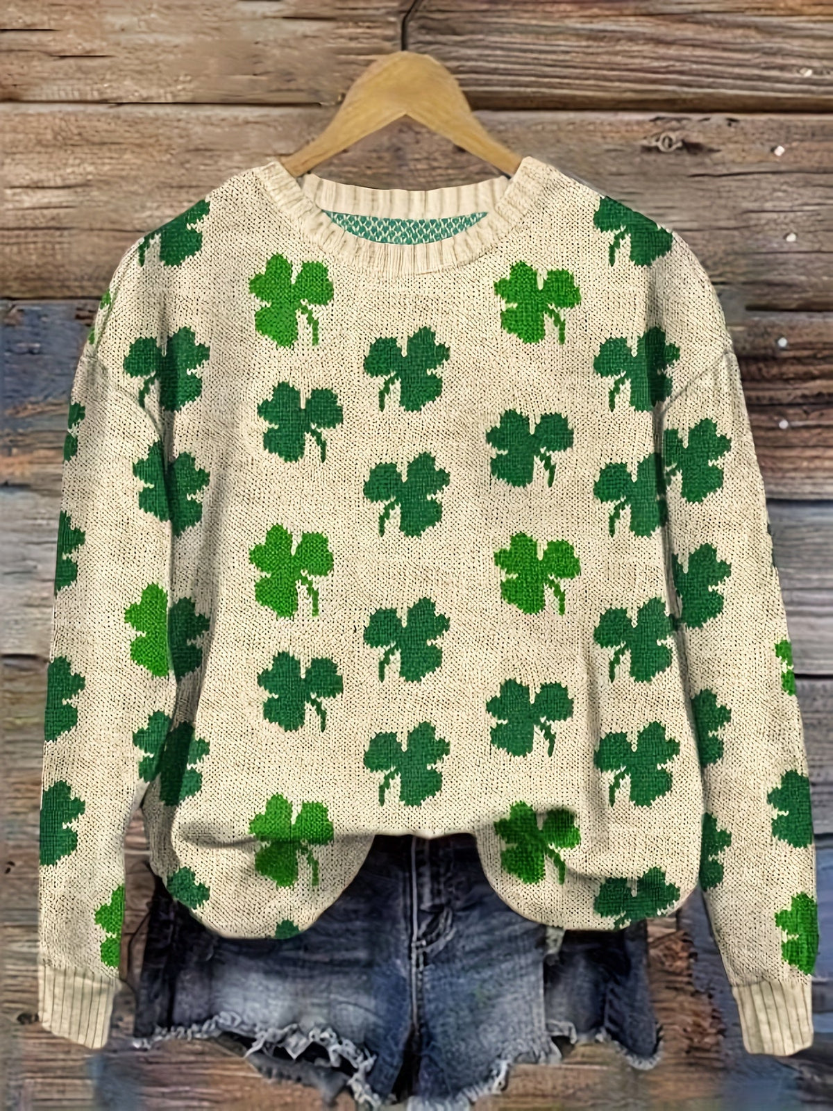 Women's Lucky Four-Leaf Clover Knit Sweater - Green & White Floral Pattern, Cozy Polyester Pullover for Casual Wear, Round Neck, Long Sleeve, 100% Polyester, Perfect for Spring & Fall, Ladies Sweaters