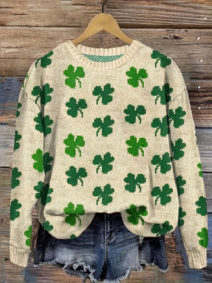 Women's Lucky Four-Leaf Clover Knit Sweater - Green & White Floral Pattern, Cozy Polyester Pullover for Casual Wear, Round Neck, Long Sleeve, 100% Polyester, Perfect for Spring & Fall, Ladies Sweaters