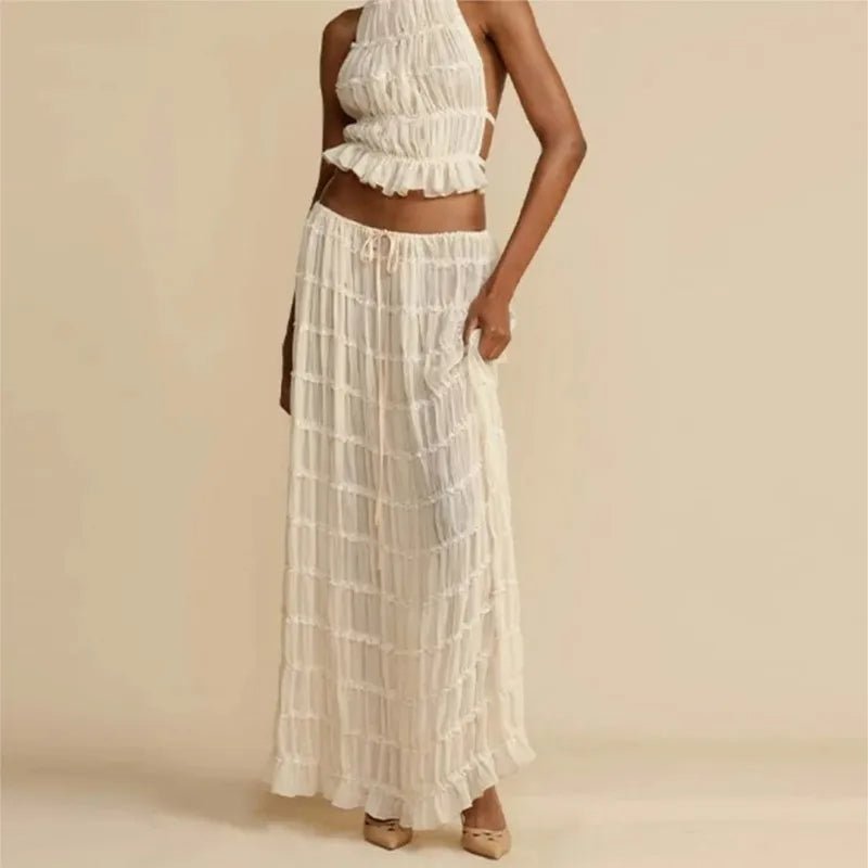 Backless Halter Lace Top & Pleated Maxi Skirt Set – Chic Summer Beach Party Outfit for Women