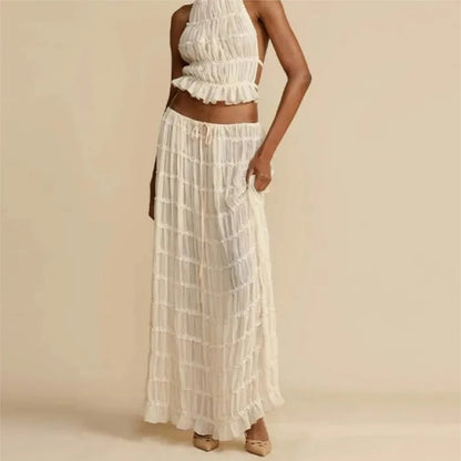 Backless Halter Lace Top & Pleated Maxi Skirt Set – Chic Summer Beach Party Outfit for Women