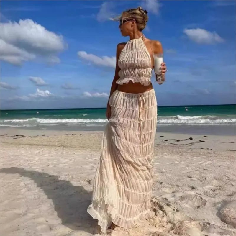 Backless Halter Lace Top & Pleated Maxi Skirt Set – Chic Summer Beach Party Outfit for Women