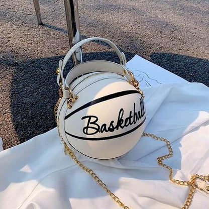 Basketball Shape Handbag - Soft PU Leather Round Crossbody Thick Chain Hand Bags for Women