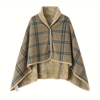Reversible Plaid Wearable Shawl Blanket – Cozy Winter Throw with Button Closure for Home & Office Warmth