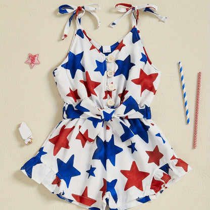 Patriotic Girls’ Sleeveless 4th of July Romper – Red White & Blue Star Print Jumpsuit with Ruffle Hem & Tie Straps