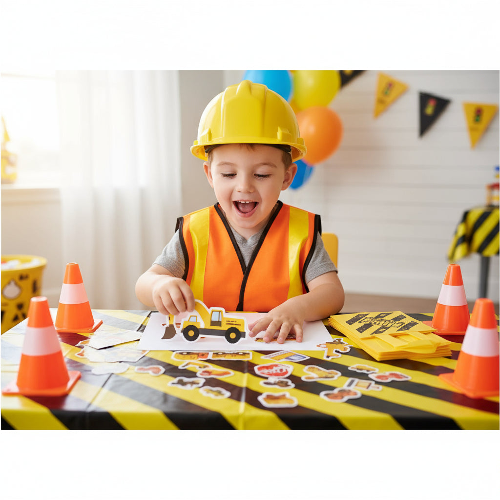 Construction Birthday Party Set – 62pcs Dress-Up Kit with Vest, Hat, Cups & Stickers for Kids’ Themed Celebrations