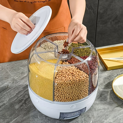 Large Capacity 6-Compartment Grain Dispenser – Airtight 360 Degrees Rotating Rice Bin for Cereals, Flour, Pet Food & Snack Storage