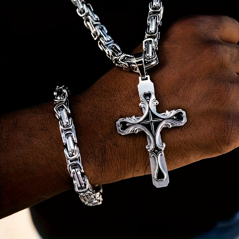 Vintage Men’s Necklace Set – Cuban Chain with Stainless Steel Cross Pendant for Street Style, Hip Hop and Daily Accessories