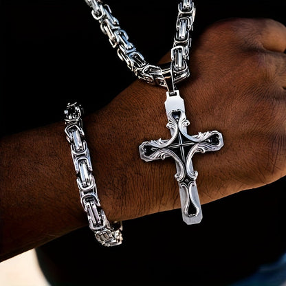 Vintage Men’s Necklace Set – Cuban Chain with Stainless Steel Cross Pendant for Street Style, Hip Hop and Daily Accessories
