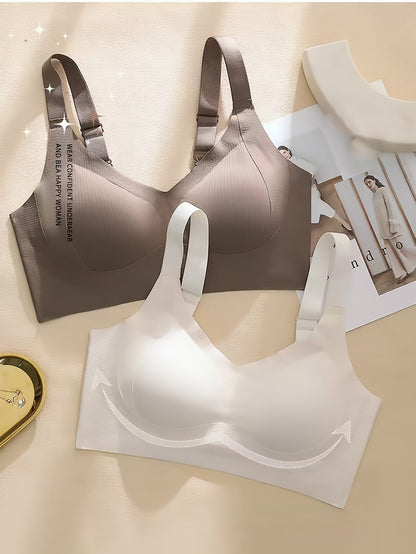 Seamless Full Coverage Bra – Beige Ribbed Comfort Fit, No Underwire, Anti-Sag Design with Removable Pads