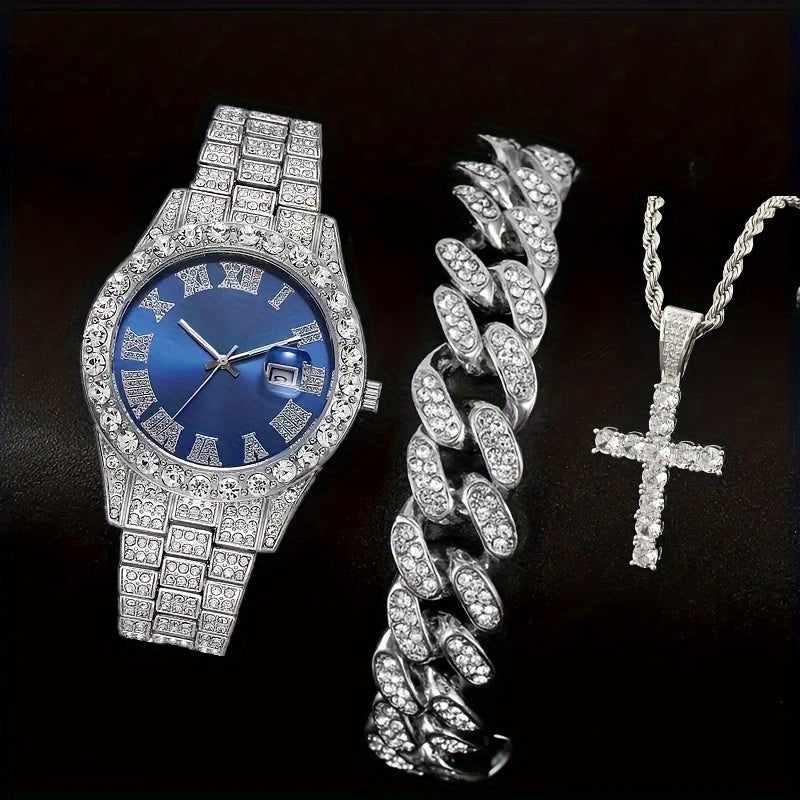 Men’s Watch and Jewelry Gift Set – Cross Necklace, Bracelet and Stylish Watch Combo for Fashionable Everyday and Special Occasions