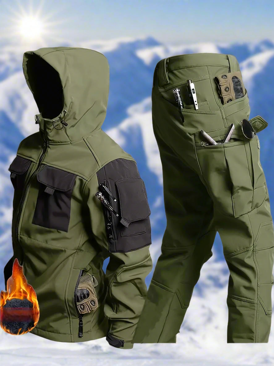 Men’s Fleece-Lined Waterproof Outdoor Set – Windproof Hooded Jacket & Pants with Multiple Pockets for Camping, Hiking & Rugged Adventure Comfort