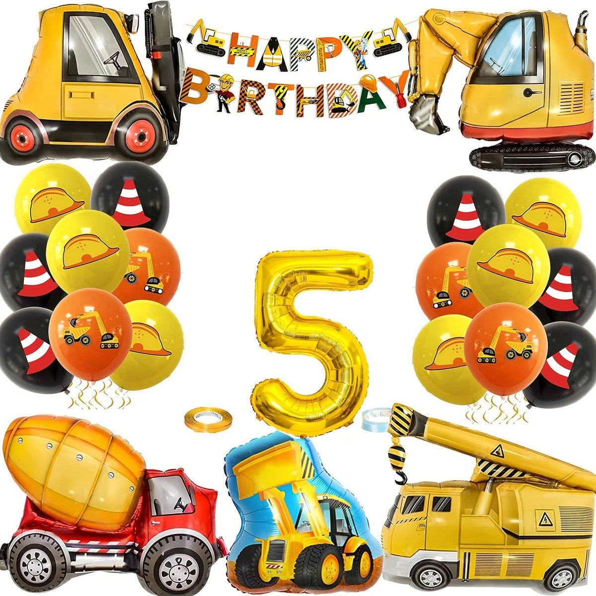 Construction Vehicle Balloon Set – Birthday Party Decor Featuring Excavator, Fire Truck & Tractor Theme Designs