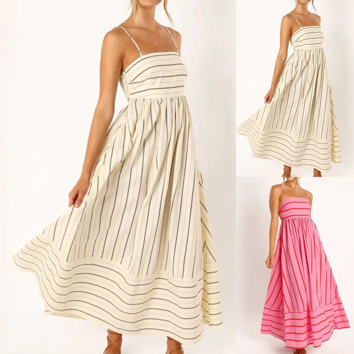 Striped Suspender Swing Dress for Women – Sleeveless, Backless Casual Vestido, Perfect for Weddings, Vacations & Summer Chic