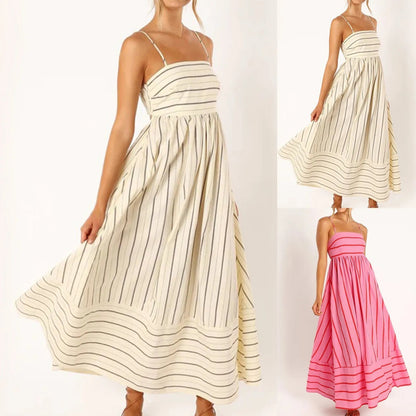 Striped Suspender Swing Dress for Women – Sleeveless, Backless Casual Vestido, Perfect for Weddings, Vacations & Summer Chic