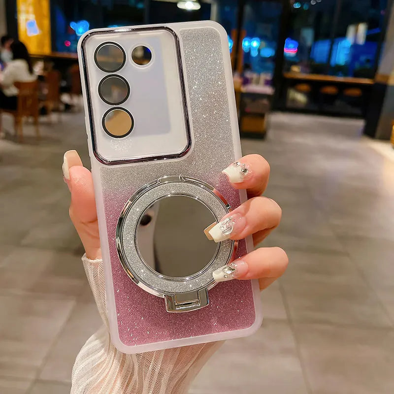 Bling Shockproof Mirror Case for Vivo V29E/V30 Pro – Glittery Protection with Stylish Mirror Holder