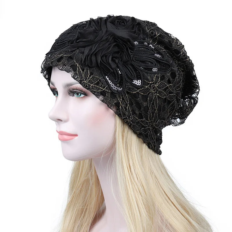 Women Lace Turban Cap for Women – Thin, Elegant Muslim Beanie with Sequin Flower, Chemo Bonnet for Hair Loss, Spring & Summer Headscarf