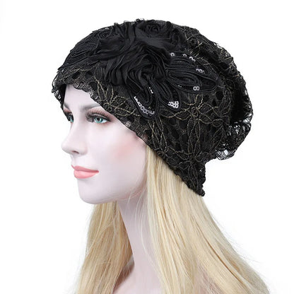 Women Lace Turban Cap for Women – Thin, Elegant Muslim Beanie with Sequin Flower, Chemo Bonnet for Hair Loss, Spring & Summer Headscarf