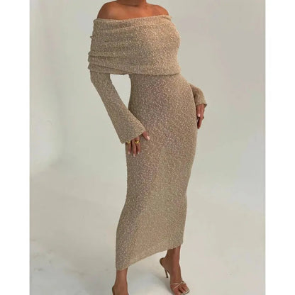 Off-Shoulder Knit Maxi Long Dress – Hollow-Out See-Through Cover-Up for Beach, Holiday, & Party Glam