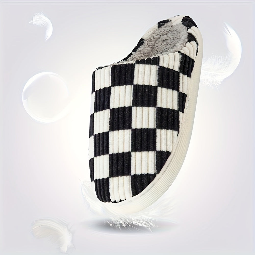 Women’s Plush Winter House Slippers – Warm Checkered Faux Fur Indoor Outdoor Non-Slip Bedroom Shoes