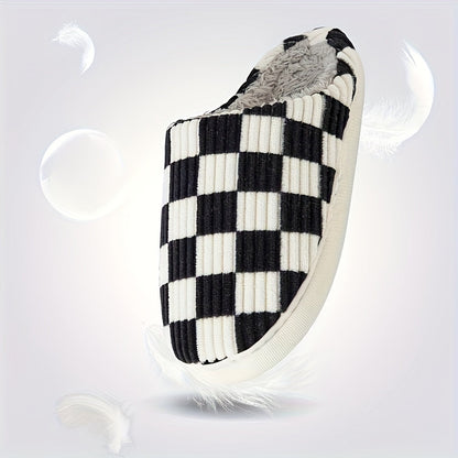Women’s Plush Winter House Slippers – Warm Checkered Faux Fur Indoor Outdoor Non-Slip Bedroom Shoes