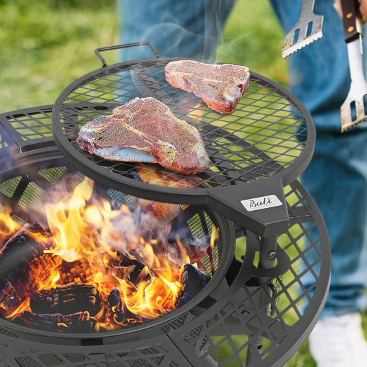 Wood Burning Fire Pit – Round Backyard BBQ Grill with Durable Black Steel Design for Patio Heating & Outdoor Cooking