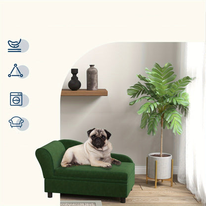 PawHut Luxury Green Polyester Small Dog Sofa Bed with Storage - Comfy Rectangular Pet Couch for Small Breeds, Easy Assembly, Modern Design for Cozy Home Decor