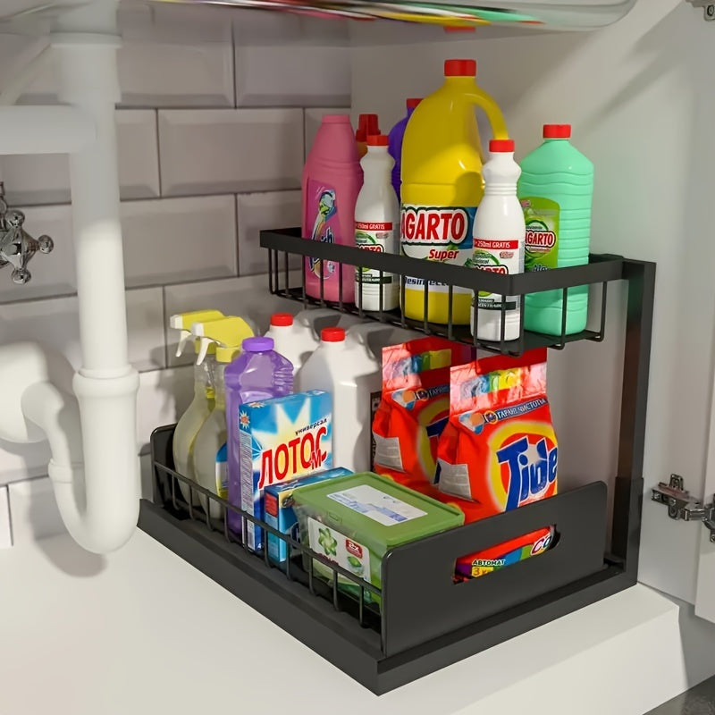 Two Tier Pull-Out Under Sink Organizer – Sliding Cabinet Shelf Storage for Kitchen or Bathroom, Space-Saving and Easy Access for Cleaning Supplies