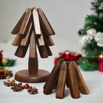 Black Walnut Foldable Christmas Tree Wooden Coasters – Creative Heat-Resistant Pot Mats & Kitchen Décor Accessories