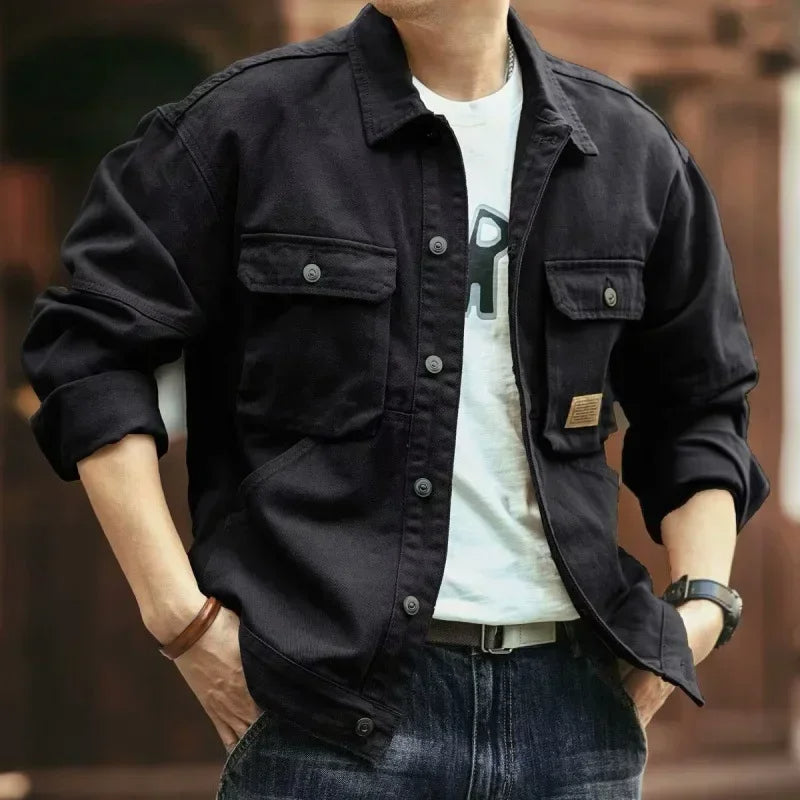 Men’s Solid Cargo Denim Jacket – Loose Plus-Size Fashionable Casual Coat for Spring and Autumn Streetwear Daily Outfits