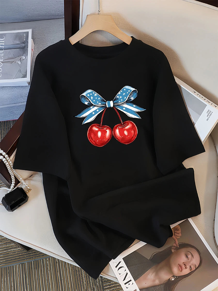 Women’s Cotton Cherry Print T-Shirt – Summer Loose Hip Hop Tee with Flag Bow Detail, Breathable Comfort, and Stylish Streetwear Vibe