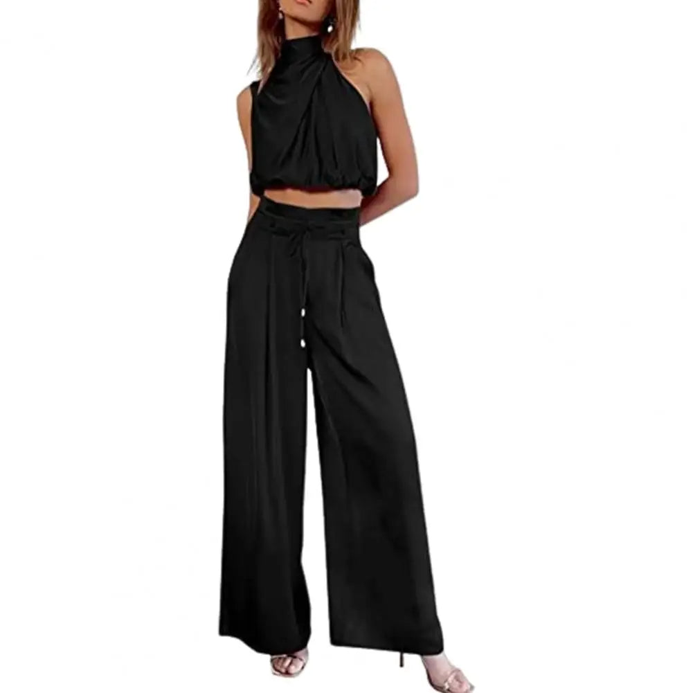 Silky Pleated Two-Piece Set – Sleeveless Top & Wide-Leg Pants for Effortless Elegance