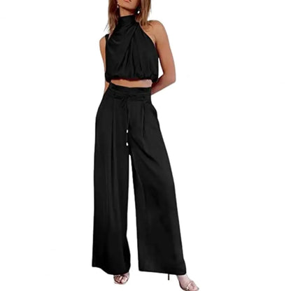 Silky Pleated Two-Piece Set – Sleeveless Top & Wide-Leg Pants for Effortless Elegance