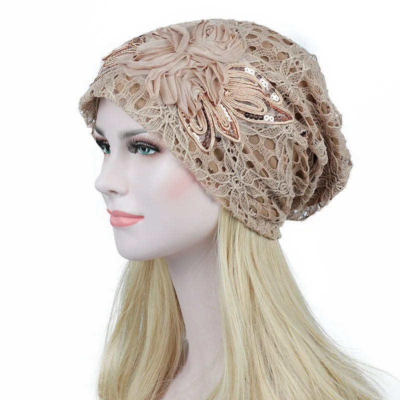 Women Lace Turban Cap for Women – Thin, Elegant Muslim Beanie with Sequin Flower, Chemo Bonnet for Hair Loss, Spring & Summer Headscarf