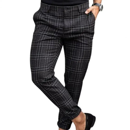 Men's Slim-Fit Plaid Trousers - Tapered Ankle-Length Check Pants