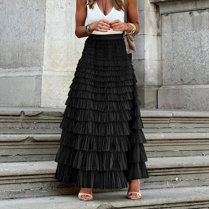 Elegant Women’s Tiered Tulle Maxi Skirt – High Waist Pleated Mesh Ball Gown Perfect for Dating, Parties, and Daily Chic