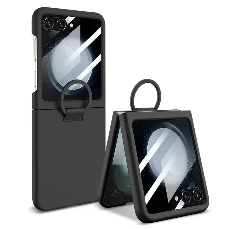 Liquid Silicone Ring Holder Phone Case for Samsung Galaxy Z Flip Series – Shockproof, Glass Screen Film, Durable 2-in-1 Design