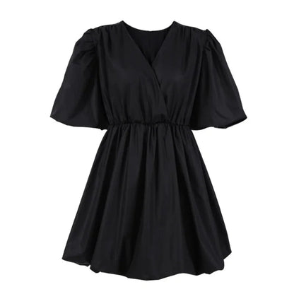 European and American Lantern Sleeve Mini Flare Dress – Sexy Pleated V-Neck A-Line for Romantic Evenings & All-Day Style