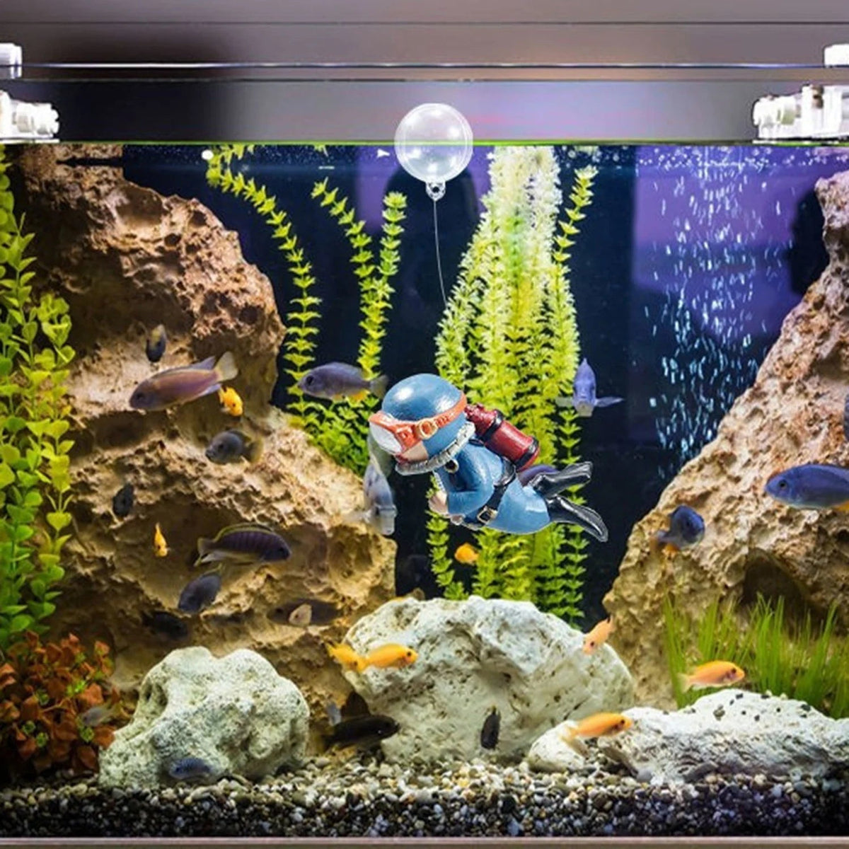 Blue Diver Aquarium Decoration – Floating PVC Ornament with Camera, Adorable Cartoon Character for a Whimsical Fish Tank Touch