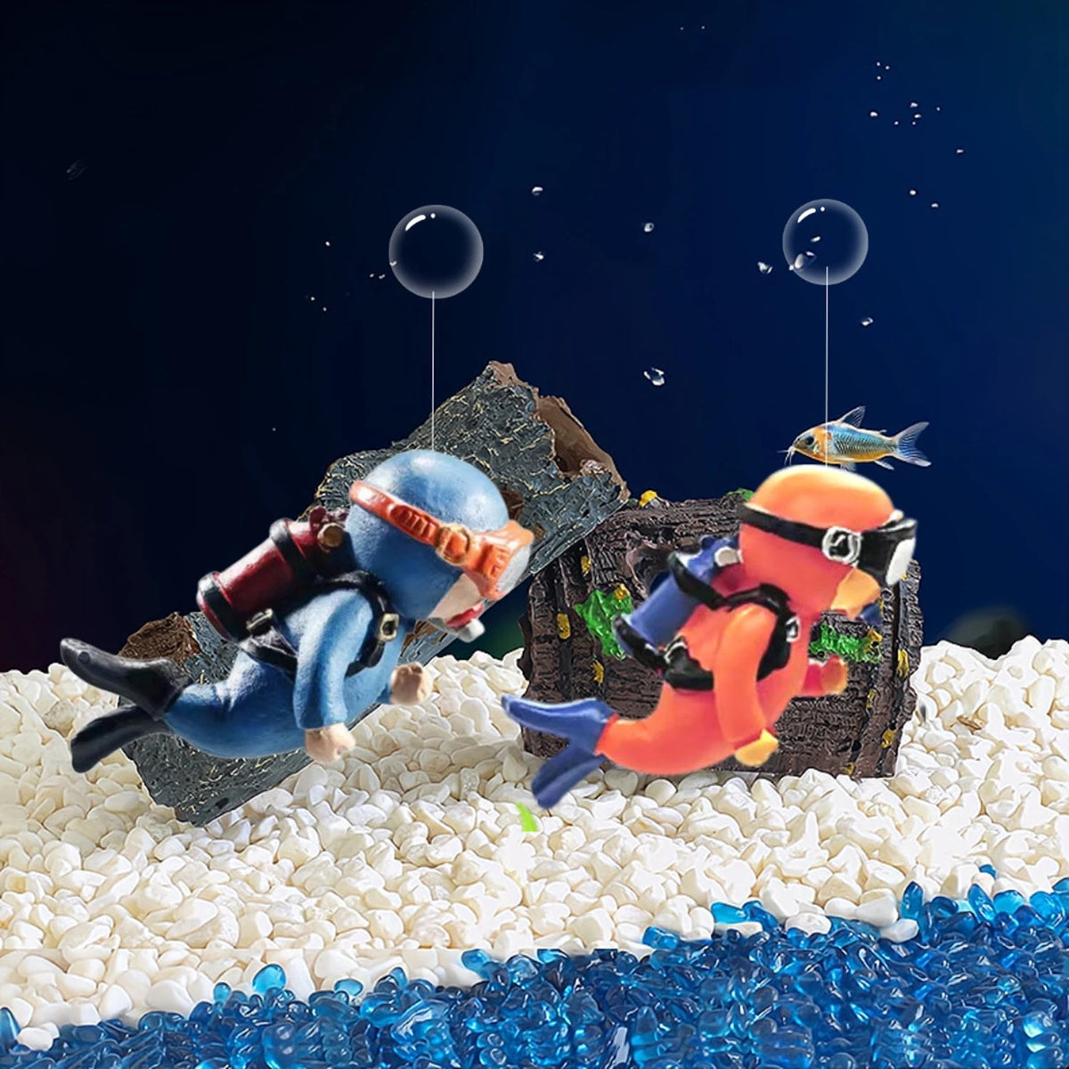 Blue Diver Aquarium Decoration – Floating PVC Ornament with Camera, Adorable Cartoon Character for a Whimsical Fish Tank Touch